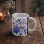 Bedrukte mok Blauwe Bloemen Bedrukte keramische mok met unieke print met blauwe bloemen, 330 ml, sublimatie