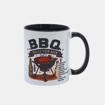 Bedrukte keramische mok met unieke print van BBQ en tekst bbq rules for men, 330 ml, sublimatie