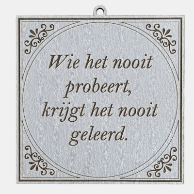 Proberen is leren Tegeltje met de spreuk: "Wie het nooit probeert, krijgt het nooit geleerd."