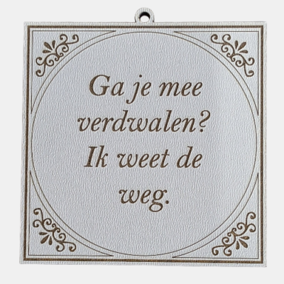 Ga je mee verdwalen, ik weet de weg Tegeltje met de spreuk: "Ga je mee verdwalen, ik weet de weg."