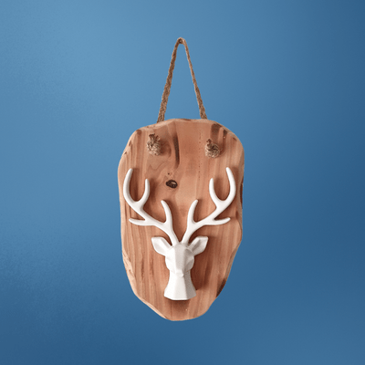 Handgemaakte Hertenhoofd op houten plank van porseleingips als stijlvolle woondecoratie