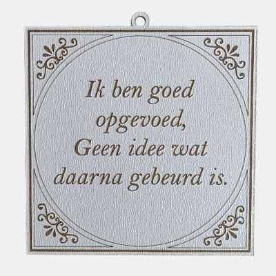 Ik ben goed opgevoed, geen idee wat daarna gebeurd is Tegeltje met de spreuk: "Ik ben goed opgevoed, geen idee wat daarna gebeurd is."