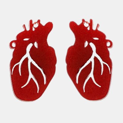 Plexiglas oorstekers in menselijk hart-vorm Oorstekers gelaserd uit plexiglas in de vorm van een menselijk hart.