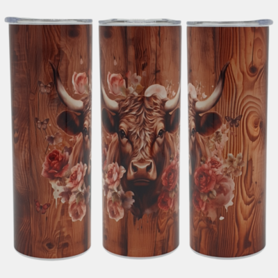 Bedrukte Tumbler met Schotse Hooglander design met houtnerf achtergrond, BPA vrij- Enjoykado