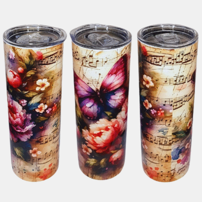 Bedrukte Tumbler Vlinder, bloemen op achtergrond van bladmuziek -Enjoykado Bedrukte Tumbler Vlinder, bloemen op achtergrond van bladmuziek BPA vrij-Enjoykado