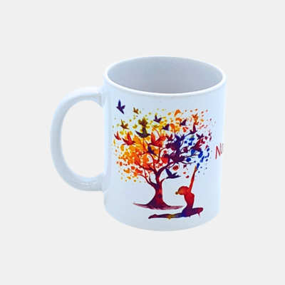Bedrukte mok Yoga boom en droomvanger (2) Bedrukte keramische mok met unieke print van Yoga boom en drommvanger, 330 ml, sublimatie