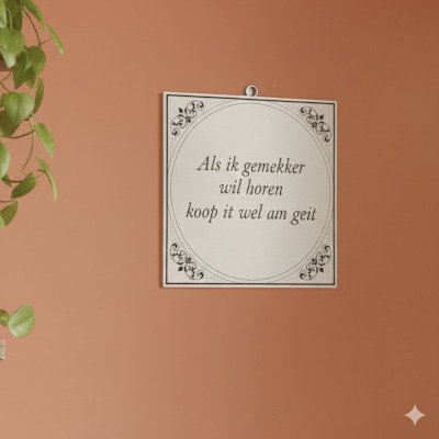 Een close-up van een wit vierkant siertegeltje met zwarte tekst en sierlijke hoekmotieven, hangend aan een warme, terracotta-kleurige keukenmuur naast groene hangplanten.