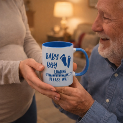 Bedrukte mok in thema aankondiging baby boy, een uniek cadeau