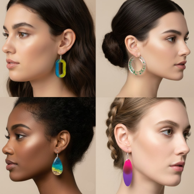 Compilatie van vier vrouwen die opzij kijken en verschillende handgemaakte hars oorbellen dragen in geometrische vormen en felle kleuren zoals blauw geel en roze