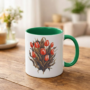 Bedrukte mok met Tulpen Boeket Bedrukte keramische mok met groene binnenkant en oor met unieke print van Boeket met Rode Tulpen, 330 ml, sublimatie