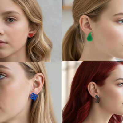 Vierluik van portretten in zachte focus, elk met een focus op een specifieke kleurrijke oorbel: een rood hartje, een groene peer, een blauwe abstracte vorm en een zwarte vallende ster. De modellen kijken zijwaarts weg van het midden.