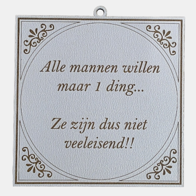 MDF Tekstbordje Alle mannen willen maar 1 ding humor Vierkant wit MDF-tegeltje met bruine lasergegraveerde tekst: Alle mannen willen maar 1 ding... Ze zijn dus niet veeleisend!!.