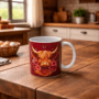 Mok met Schotse Hooglander en bloemen Bedrukte keramische mok met unieke print van Schotse Hooglander op mooie achtergrond met bloemen, 330 ml, sublimatie