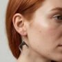 Geometrische glitter oorbellen zwart wit op model met rood haar Close-up van een model met rood haar dat een handgemaakte geometrische epoxy oorbel draagt met zwart en wit glitter verloop