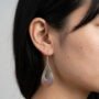 Maak een seo correcte alttekst, titel, bijschrift en omschrijving zonder bulletpunten van gegenereerde foto en de metadata Close-up van een vrouwelijke model met zwart haar die een glinsterende, druppelvormige harsoorbel draagt met een kleurverloop van groen naar paars, gefotografeerd van de zijkant tegen een neutrale achtergrond.
