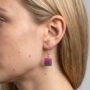 Vierkante Hars Oorbel Model Profiel Roze Groen Glitter Close-up foto van een blond vrouwelijk model in profiel, die een handgemaakte vierkante resin oorbel draagt met roze-groen glittereffect.