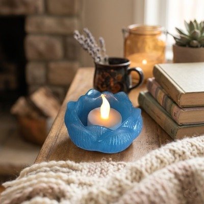 Blauwe epoxy bloemhouder voor LED-kaarsjes Handgemaakte lichtblauwe epoxy waxinelichthouder in de vorm van een lotusbloem op een houten dressoir