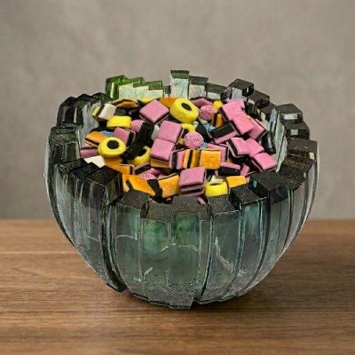 Geometrische epoxy decoratieschaal donkergroen Moderne donkergroene epoxy schaal met geometrisch design gevuld met snoepgoed op een houten tafel