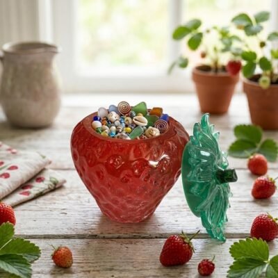 Decoratief Rood Epoxy Aardbeipotje Handgemaakt rood epoxy aardbeipotje met groen kroontje als deksel decoratief opbergschaaltje