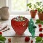 Decoratief Rood Epoxy Aardbeipotje Handgemaakt rood epoxy aardbeipotje met groen kroontje als deksel decoratief opbergschaaltje