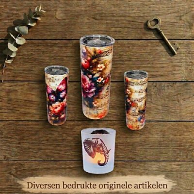 Een bovenaanzicht van een houten tafel met daarop drie bedrukte drinkbekers (tumblers) met bloemen- en muzieknotenmotieven en een sfeerlicht met een olifantenafbeelding